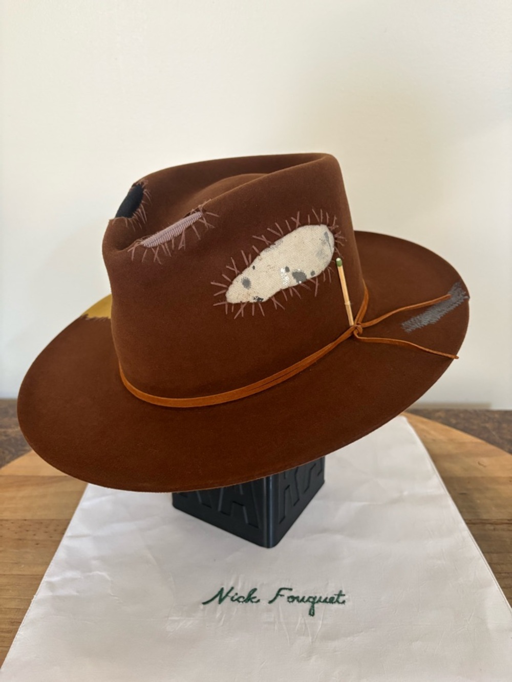 Nick Fouquet Brown Beaver Felt Fedora with Patchwork Accents